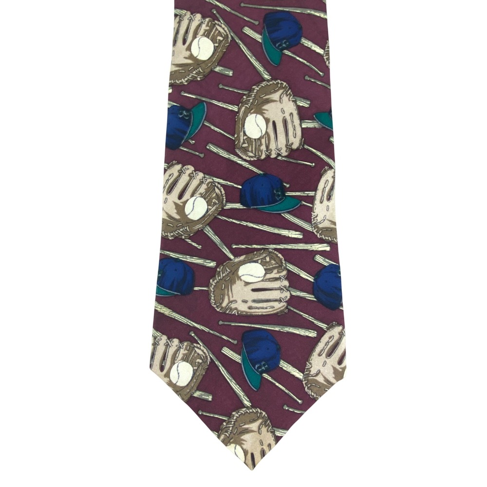 VTG Equus Mens Silk Tie Burgundy Baseball Gloves Bats Caps Novelty Sports 56x4